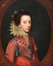 Load image into Gallery viewer, A Jacobean portrait of the young Rachel Ruvigny wearing a sumptutous embroidered red silk dress

