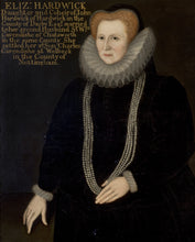 Load image into Gallery viewer, A Tudor portrait of Bess of Hardwick, wearing a black dress and four long lustrous strings of pearls. Currently on display in the Portland Collection Museum.

