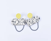 Load image into Gallery viewer, The Harley Gallery Shop Online // Yellow, white and black linoleum earrings by Roslyn Leitch
