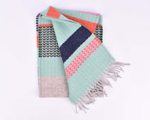 Load image into Gallery viewer, The Harley Gallery Shop Online // Lambswool scarves by Wallace#Sewell. Light blue, green and orange colourway (reverse)
