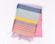 Load image into Gallery viewer, The Harley Gallery Shop Online // Lambswool scarves by Wallace#Sewell. Indigo, peach and pink colourway.
